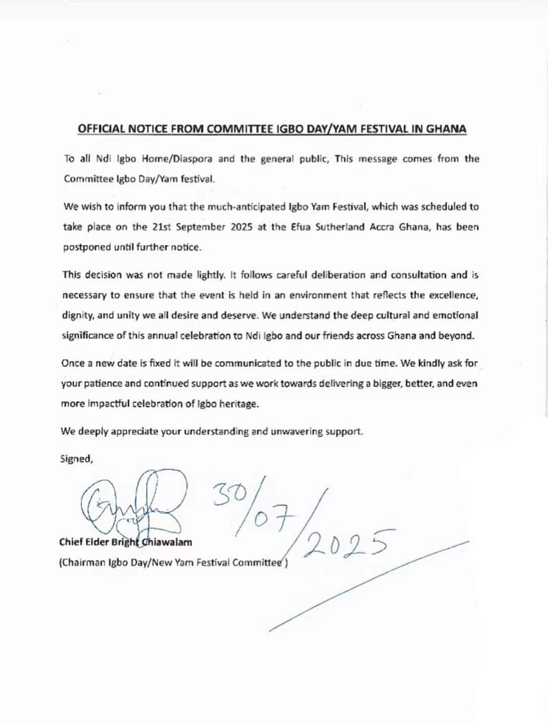 IGBO New Yam Festival in GHANA Has Been POSTPONED till Further Notice
