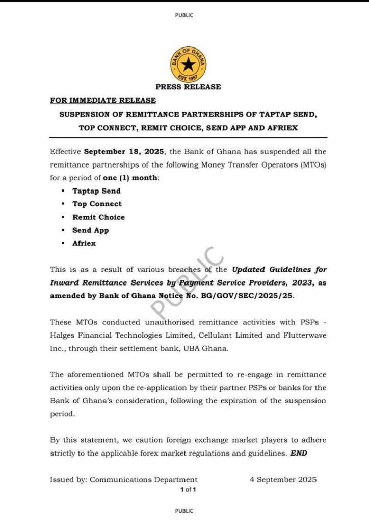 TapTap Send SUSPENDED in GHANA by Bank of Ghana